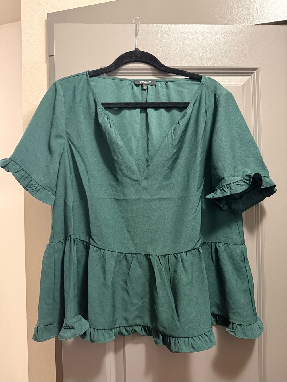 Madewell Green Peplum V-Neck Ruffle Sleeve Top